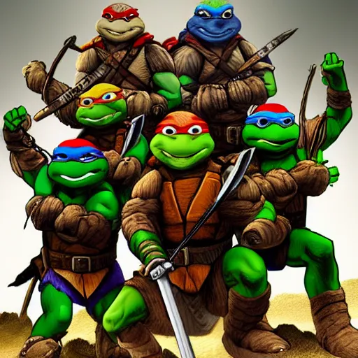 Image similar to Teenage Mutant Ninja Turtles Dressed in Viking armor Digital art very detailed 4K quality Super Realistic