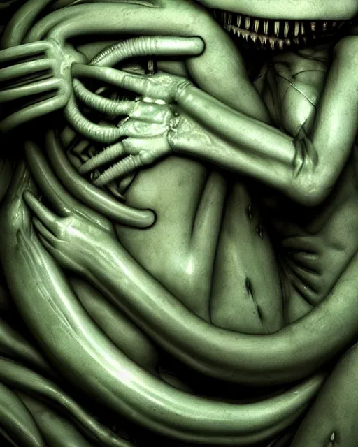 Image similar to xenomorph hugging pale sad beauty, dark emerald mist colors, giger background liminal void, cinematic lighting, realistic, award winning photograph, various refining methods, micro macro autofocus