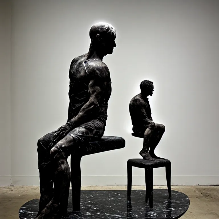 Image similar to a sculpture of a person sitting on top of a chair, a marble sculpture by nicola samori, behance, neo - expressionism, marble sculpture, apocalypse art, made of mist