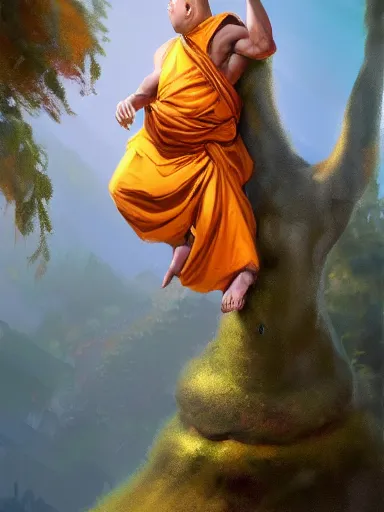 Prompt: a monk, hanging upside down from a tree, enlightenment, shiny head. intricate, elegant, highly detailed, digital painting, artstation, concept art, sharp focus, illustration, by justin gerard and artgerm, 8 k