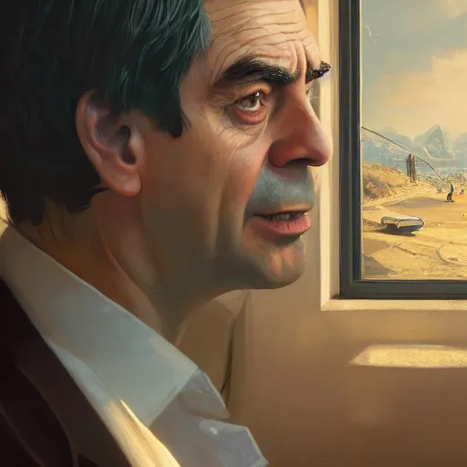 Image similar to highly detailed portrait, mr. bean in gta v, stephen bliss, unreal engine, fantasy art by greg rutkowski, loish, rhads, ferdinand knab, makoto shinkai and lois van baarle, ilya kuvshinov, rossdraws, tom bagshaw, global illumination, radiant light, detailed and intricate environment