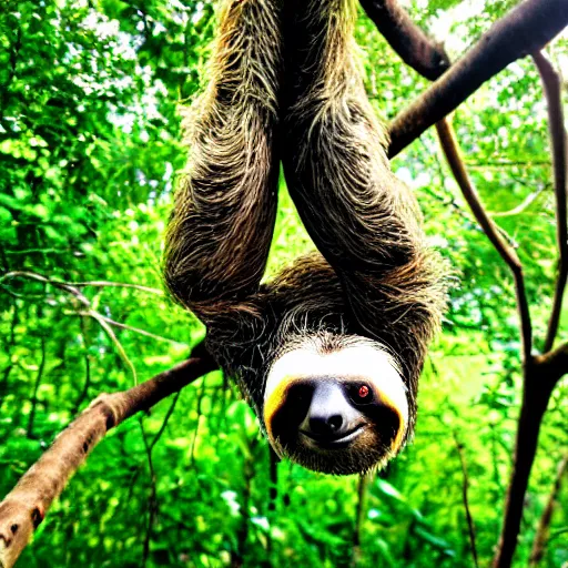 Prompt: a sloth hanging from a branch and wearing green and yellow glasses, from below, fish-eye lens