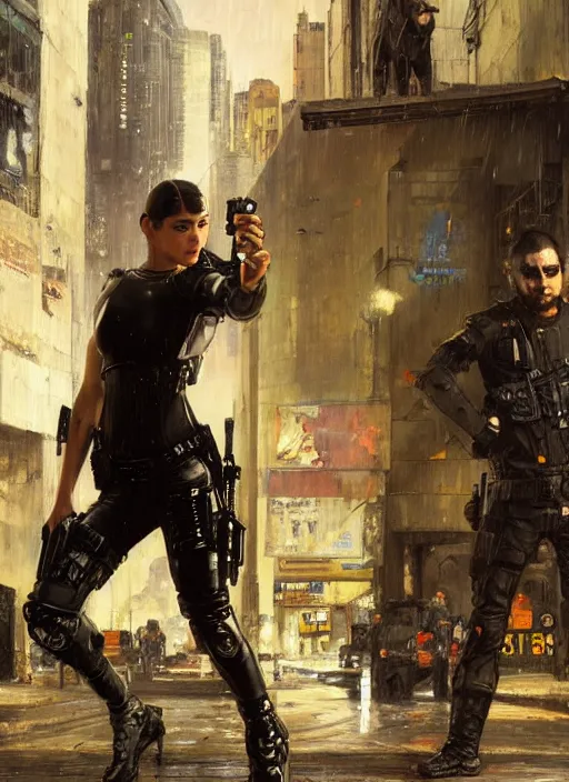 Prompt: maria evades sgt rhodes. Cyberpunk hacker escaping Menacing Cyberpunk police trooper wearing a combat vest. Rainy streets (dystopian, police state, Cyberpunk 2077, bladerunner 2049). Iranian orientalist portrait by john william waterhouse and Edwin Longsden Long and Theodore Ralli and Nasreddine Dinet, oil on canvas. Cinematic, vivid colors, hyper realism, realistic proportions, dramatic lighting, high detail 4k