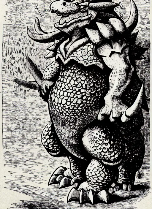 Prompt: illustration of bowser the king koopa as a demon from the dictionarre infernal, etching by louis le breton, 1 8 6 9, 1 2 0 0 dpi scan, ultrasharp detail, clean scan