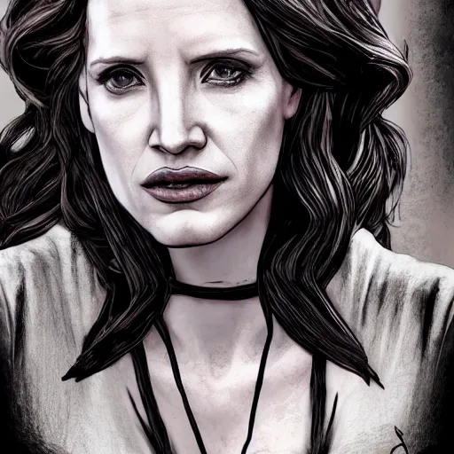 Image similar to jessica chastain portrait, borderlands, tales from the borderlands, the wolf among us, comic, cinematic lighting, studio quality, 8 k