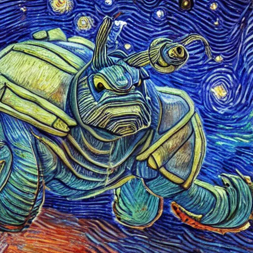 Prompt: highly detailed 3 d blastoise, the background is the starry nights by van gogh, oil - on - canvas painting, hdr, 4 k