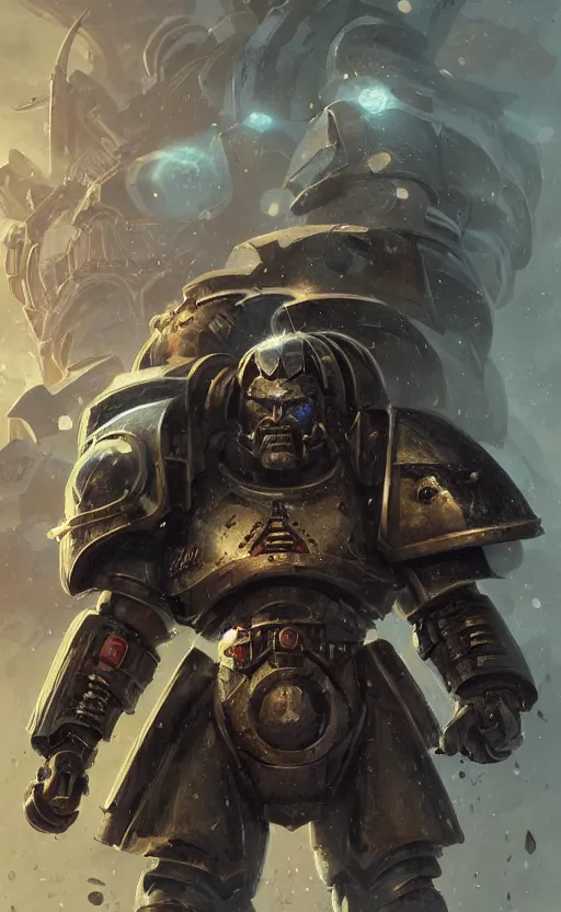 Prompt: portrait of a warhammer space marine with a big moustache, concept art, moustache, fantasy, highly detailed, cinematic lighting, digital painting by greg rutkowski