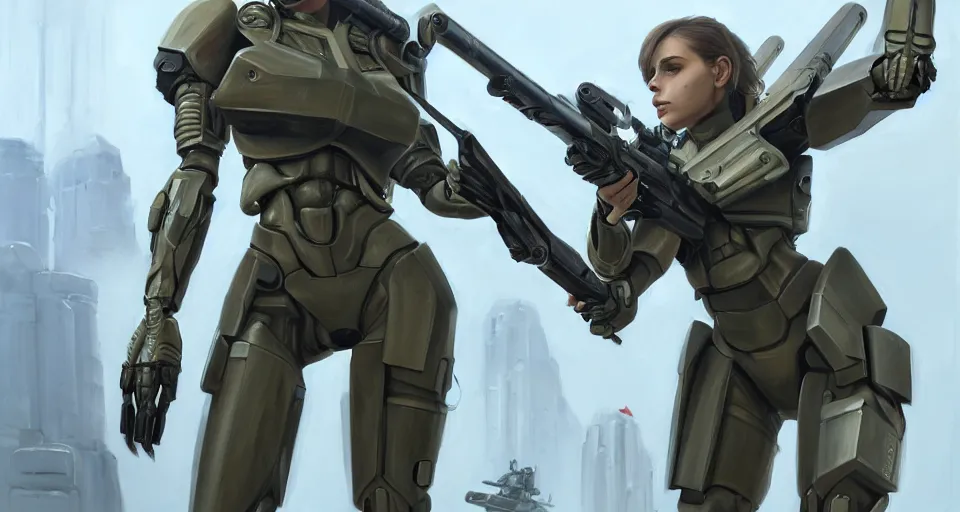 Prompt: a photorealistic painting of an attractive young girl, clothed in stealth-like battle armor, a giant sci-fi sniper rifle, olive skin, long dark hair, beautiful bone structure, symmetrical face, perfect eyes, a futuristic hover-tank in the background, intricate details, elegant, digital painting, illustration, sharp focus, minimal artifacts, from Metal Gear, in the style of Ruan Jia and Mandy Jurgens and Greg Rutkowski, trending on Artstation, award winning, unreal engine, octane render