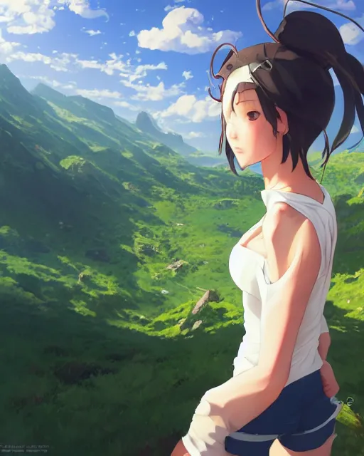 Prompt: a girl on a hike, sexy outfit, top down perspective, medium shot, visible face, detailed, perfectly shaded body, perfectly shaded face, atmospheric lighting, by makoto shinkai, stanley artgerm lau, wlop, rossdraws