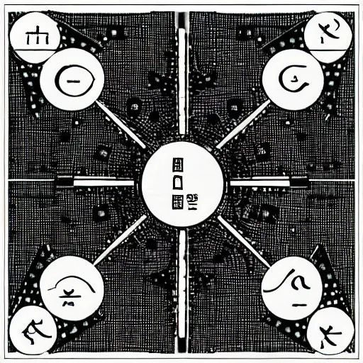 Image similar to a paper with the grammar rules of an alien language in the form of squares and circles