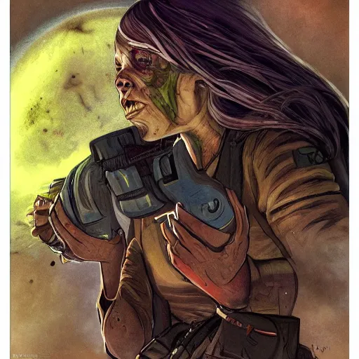 Prompt: woman with a bulky scifi jumper, tries to survive an undead outbreak in a spaceship, by jon foster