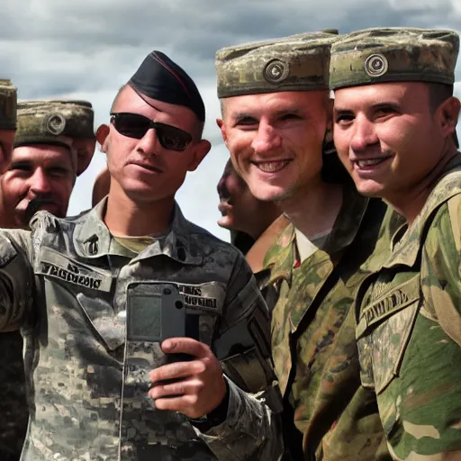 Prompt: a soldier takes a selfie with tribesmen.