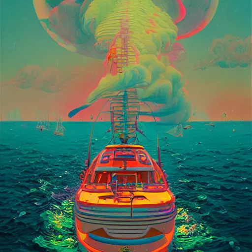 Image similar to psychedelic yacht party by simon stalenhag