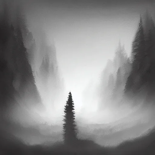 Prompt: digital and traditional art painting portrait of ethereal plane with forest and mountainside, black and white, small muted hint of colour, high detail, textured, by caestrad, dark background, mystic, perfect lighting, high contrast, arstation, chris cold, artgerm, lightrays, hasselblad