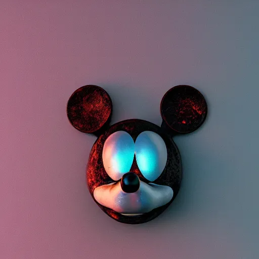 Prompt: knockoff mickey mouse head, fractal, broken, psychedelic, wet, mycelium, radiant alien, rococo, baroque, automotive, bio-mechanical, porcelain, iridescent, sub surface scattering, octane render