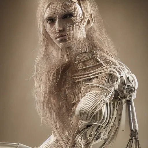 Image similar to photographic stil of beautiful model, a human robot woman, beautiful artificial body with artificial bones and artificial flesh, cables, tubes, westworld style, medium - shot, insanely detailed, photorealistic, beautiful soft light, octane render, by annie leibowtiz