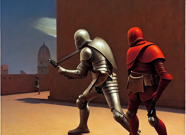 Image similar to special forces man vs the knight in armor, rome, highly detailed, soft lighting, elegant, works by edward hopper and james gillard, zdislaw beksinski, stephen outram, andreas m wiese, highly detailed