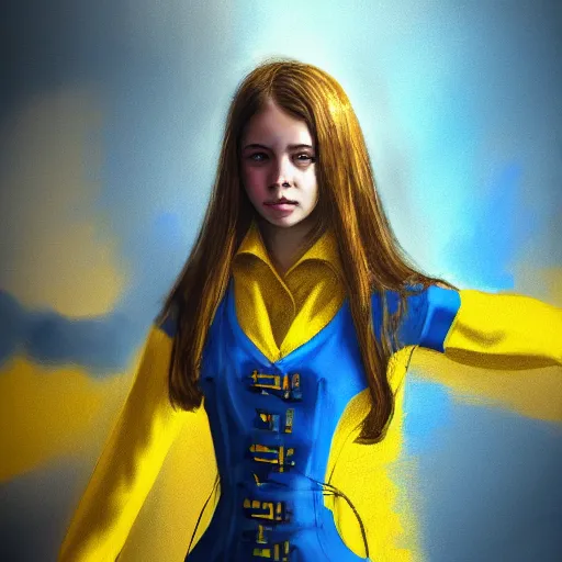 Prompt: ukrainian girl, in blue and yellow clothes, watching war, concept art, trending on artstation, highly detailed, intricate, sharp focus, digital art, 8 k