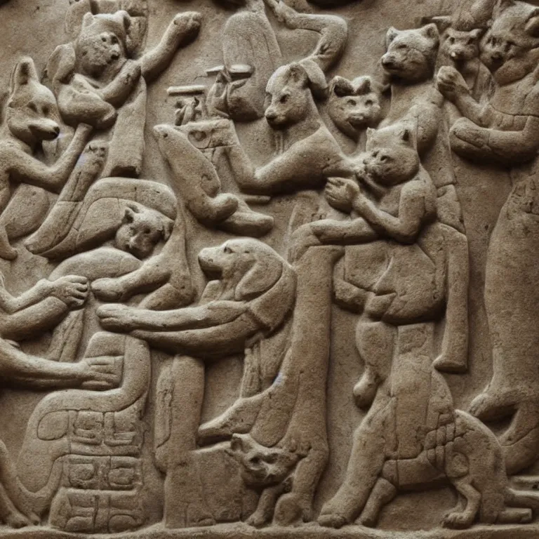 Prompt: ancient stone bas relief depicting people worshipping a shiba inu god