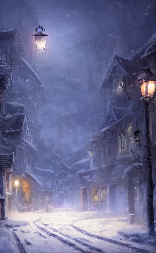 Image similar to a blurry ambient lantern in the distance of a snowy village at night, dynamic lighting, ambient lighting, atmospherical, photorealistic fantasy concept art, trending on art station, stunning visuals, creative, cinematic, ultra detailed