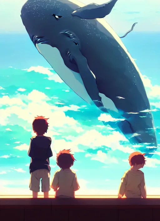 Image similar to boy and girl watching big whales on sky, illustration concept art anime key visual trending pixiv fanbox by wlop and greg rutkowski and makoto shinkai and studio ghibli