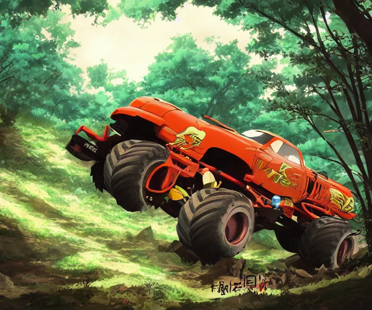 Prompt: monster truck in a forest, anime fantasy illustration by tomoyuki yamasaki, kyoto studio, madhouse, ufotable, comixwave films, trending on artstation