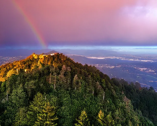 Prompt: mount tamalpais, fire lookout, rainbow colored sunset, marin, lush green magical secret forest, photorealistic, hyper real