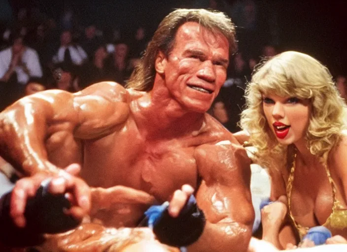 Image similar to taylor swift oil wrestling with arnold schwarzenegger, movie still, from the movie over the top, 8 k, realistic