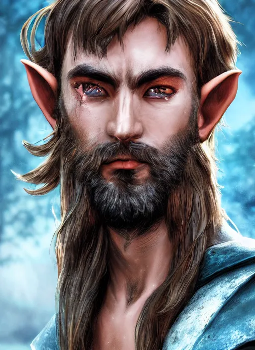 Prompt: A fantasy comic book style portrait painting of sad half elf ranger, shaggy brown hair, scruffy beard, scar on face, blue tunic, unreal 5, DAZ, hyperrealistic, octane render, cosplay, RPG portrait, dynamic lighting