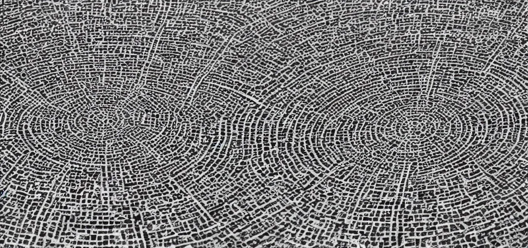 Image similar to small ancient city whose layout is evocative of a resonance interference pattern. 4K. Many intrincate details. Markets and bustling streets.