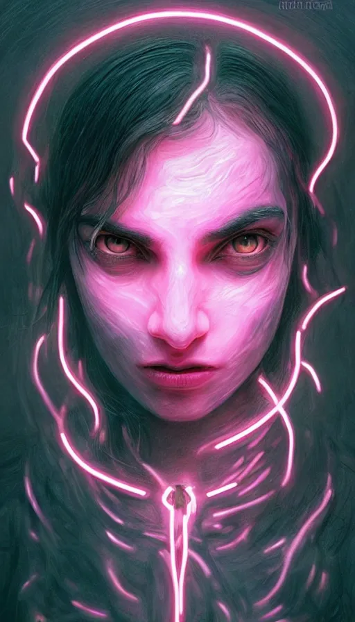 Image similar to door to the soul, furious gorgeous woman, glowing pink black hair, face covered in dirt, lord of the rings ,neon, fibonacci, sweaty, insane, intricate, highly detailed, digital painting, artstation, concept art, smooth, sharp focus, illustration, Unreal Engine 5, 8K, art by artgerm and greg rutkowski and alphonse mucha