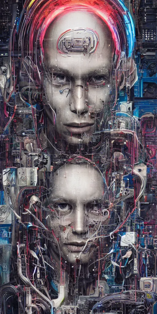 Image similar to portrait of computer & circuits, melting, salaryman, 8 k, by tristan eaton, stanley artgermm, tom bagshaw, greg rutkowski, carne griffiths, ayami kojima, beksinski, giger, trending on deviantart, face enhance, hyper detailed, minimalist, cybernetic, android, blade runner, full of colour, super detailed