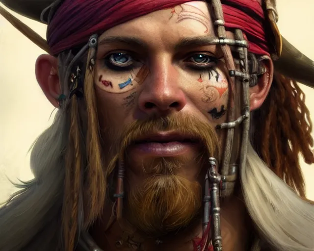 Image similar to close up of a pirate with scars and a face tattoo depicting neural networks and ai, deep focus, d & d, fantasy, intricate, elegant, highly detailed, digital painting, artstation, concept art, matte, sharp focus, illustration, hearthstone, art by artgerm and greg rutkowski and alphonse mucha