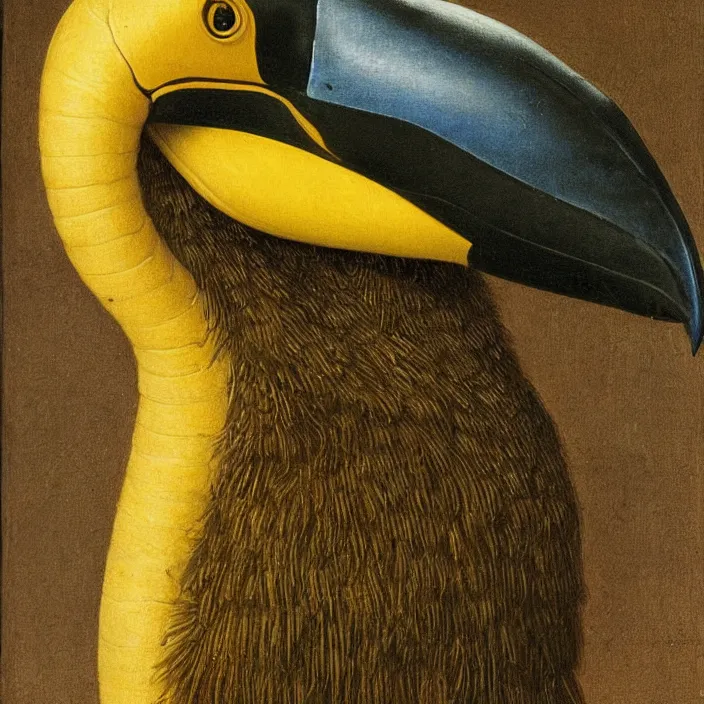 Image similar to close up portrait of a mutant monster creature with exotic toucan beak, twenty arachnid eyes, fair skin tone. by jan van eyck, audubon