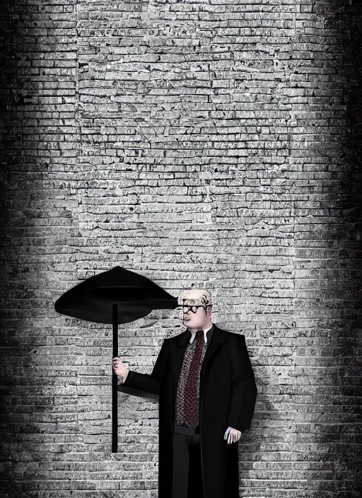 Image similar to a highly detailed illustration of 6 7 year - old clean - shaven chubby chubby chubby white man wearing black detective coat with necktie, heroic pose, brick wall background, intricate, elegant, highly detailed, centered, digital painting, artstation, concept art, smooth, sharp focus, league of legends concept art, wlop.