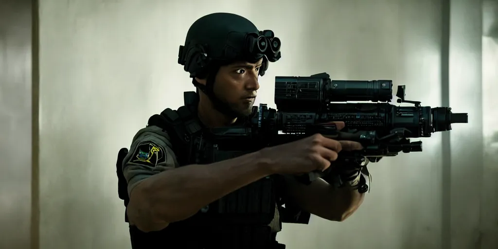Image similar to vfx film, swat team squad, breach and clear, gang house, flat color profile low - key lighting award winning photography arri alexa cinematography, cinematic beautiful natural skin, famous face, atmospheric cool color - grade