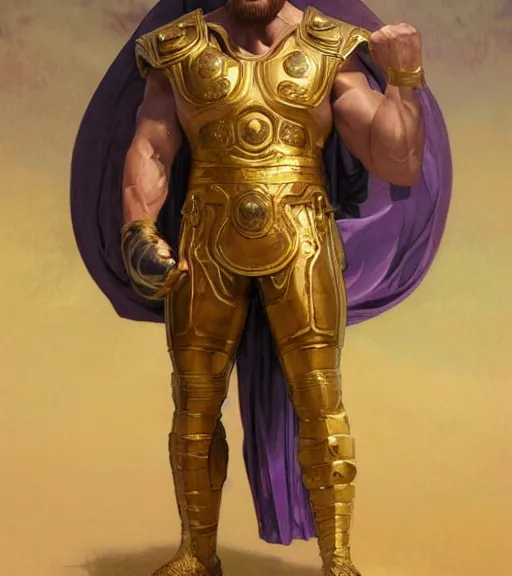 Image similar to Gigachad Thanos, boxing stance, wearing a luxurious roman warrior armor with gold and purple details, sigma male, accurately portrayed, portrait art by alphonse mucha and greg rutkowski, highly detailed, digital painting, concept art, illustration, dim lighting with twilight rays of sunlight, trending on artstation, very detailed, smooth, sharp focus, octane render, close up