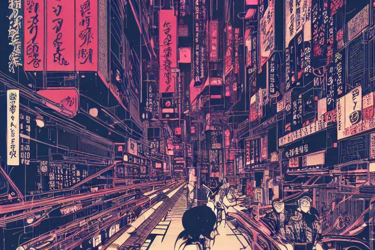 Prompt: futuristic japanese cyberpunk bladerunner silk screen by utagawa yoshiiku, ohara koson, pixiv contest winner, cyberpunk style, cyberpunk color scheme, mechanical, robotic, human machine interface, high resolution, hd