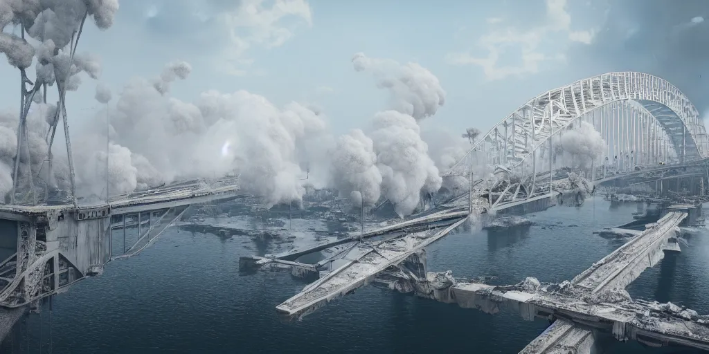 Image similar to explosions in the form of realistic white cotton plants on harbour bridge, huge white cotton everywhere on the destroyed harbour bridge, smooth, sharp focus, highly detailed, 3 d octane render, epic lighting, lots of white cotton, 8 k, by miyazaki