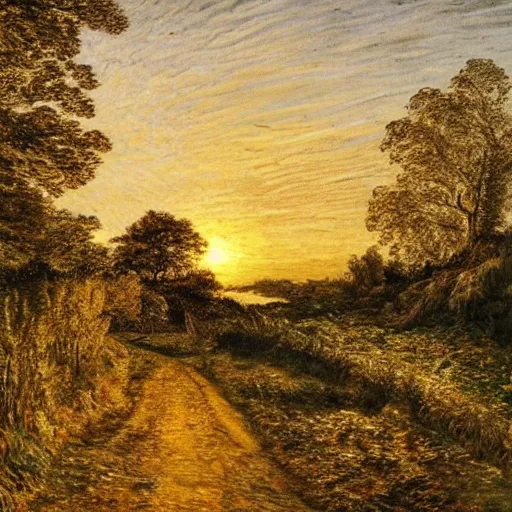 Prompt: a beautiful country path, golden light , sense of awe, in the style of Samuel Palmer