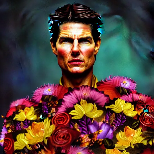 Prompt: bizarre surreal renaissance portrait of tom cruise as a box made out various flowers, dramatic cinematic lighting, bold colors, 8 k, beautiful intricate painting, hyper realistic, octane render