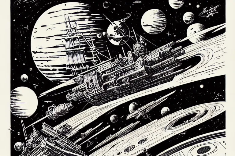 Prompt: majestic steampunk space pirate ships sailing in space, black and white, furniture, high details, bold line art, by vincent di fate and joe fenton, inking, etching, screen print, masterpiece, trending on artstation, sharp, high contrast, hyper - detailed,, hd, 4 k, 8 k