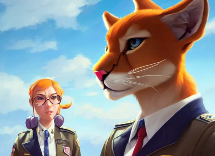 Image similar to character portrait feature of the anthro female anthropomorphic puma fursona wearing airline pilot outfit uniform professional pilot for delta airlines character design stylized by charlie bowater, ross tran, artgerm, and makoto shinkai, detailed, soft lighting, rendered in octane