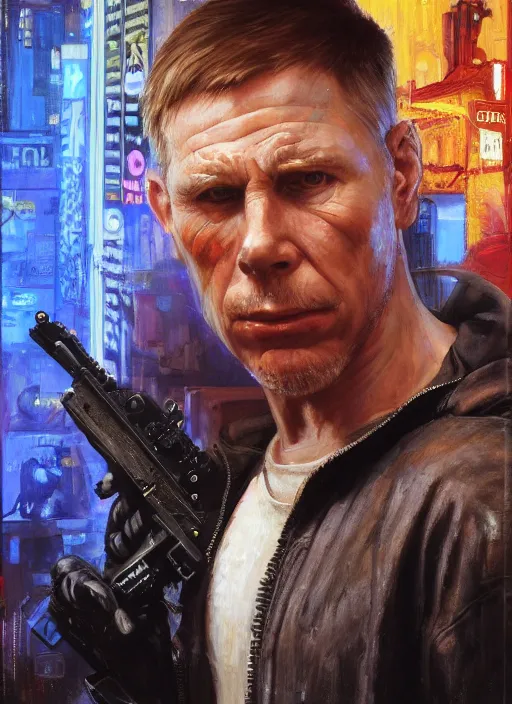 Prompt: kent hovind. cyberpunk mercenary in a cyberpunk jumpsuit ( blade runner 2 0 4 9, cyberpunk 2 0 7 7 ). orientalist portrait by john william waterhouse and james gurney and theodore ralli and nasreddine dinet, oil on canvas. cinematic, hyper realism, realistic proportions, dramatic lighting, high detail 4 k