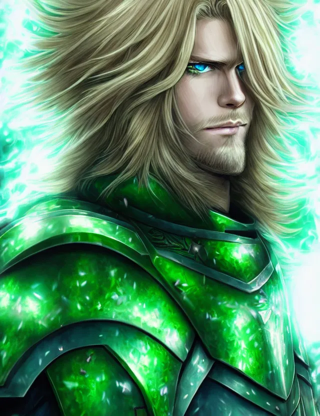 Image similar to a detailed manga portrait of a long haired blonde man with blue eyes in green armour glowing with green energy, trending on artstation, digital art, 4 k resolution, detailed, high quality, sharp focus, hq artwork, coherent, insane detail, character portrait