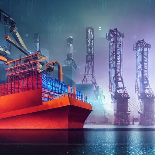 Prompt: photo of Immense industrial futuristic cargo ship arrives at cyber punk city sea port, cinematic lighting, vibrant colour scheme photo