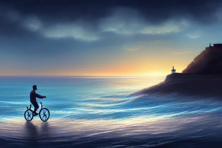 Image similar to photo of man riding a bicycle along the beach, glowing underwater waves toward a lighthouse in the distance guiding his way, silhouette, wide horizon, large white clouds, night, intricate, elegant, highly detailed, digital painting, artstation, concept art, smooth, sharp focus, illustration, art by artgerm and greg rutkowski and fra angelico