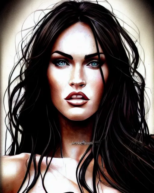 Image similar to portrait of megan fox, mixed art styles, beautiful, elegant, artstation, deviantart, behance, concept art, smooth, focus, by david w. mack