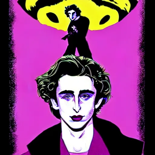 Prompt: vector art solarized screenprint of timothee chalamet as dream of the endless ( sandman ) by brian bolland and andy warhol