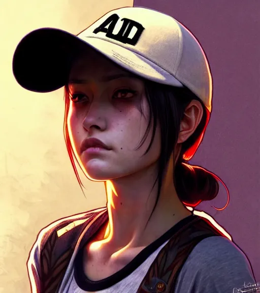 Prompt: symmetry ( badass clementine from the walking dead wearing her iconic baseball ( letter d ) hat ) angry, ultra detailed, intricate, anime, dynamic lighting, digital art, digital painting, art station, wlop, sharp focus, illustration, art by artgerm and greg rutkowski and alphonse mucha